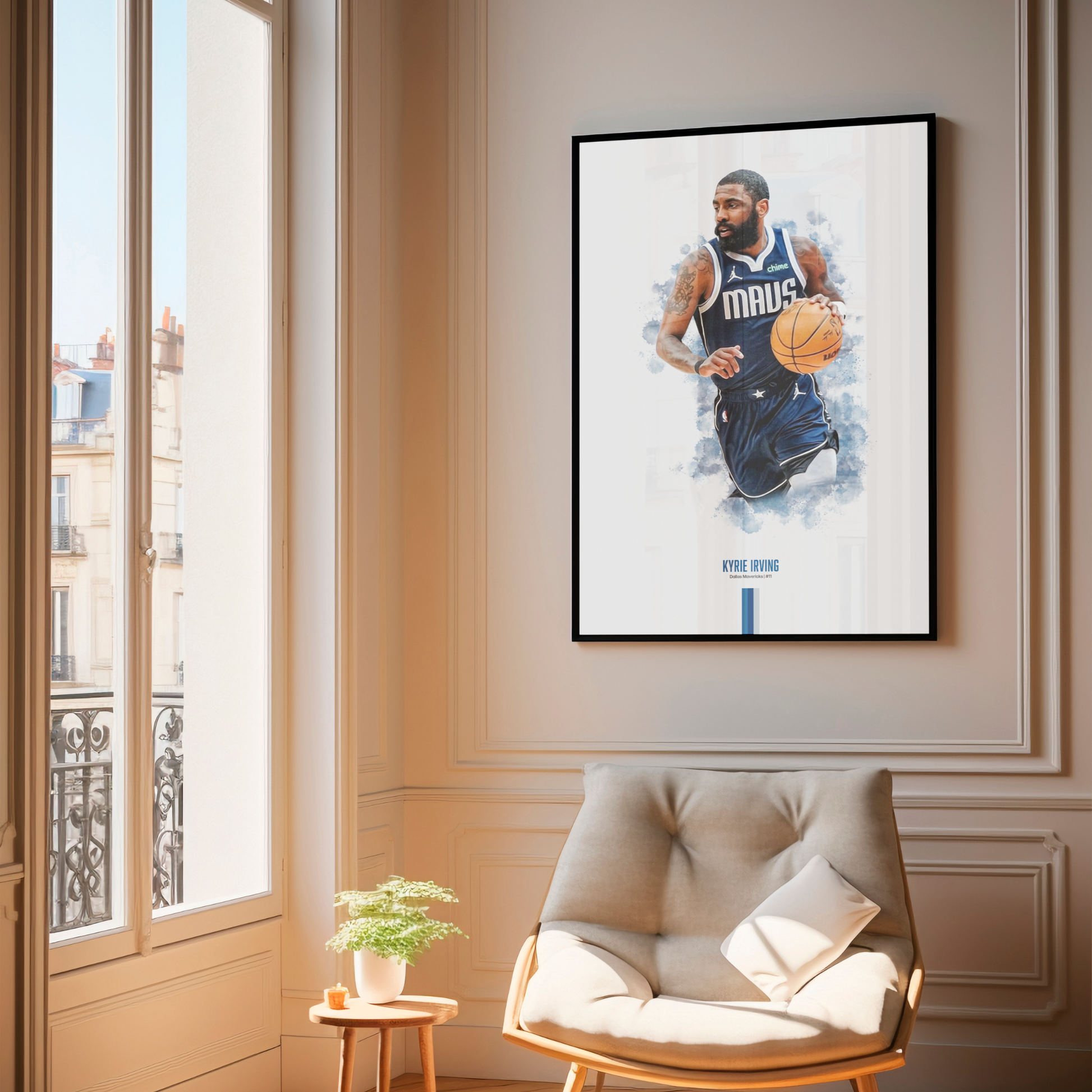 framed poster mockup of basketball player kyrie irving hanging in a living room