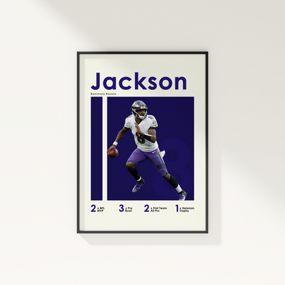 framed poster mockup of football player lamar jackson hanging on a white wall