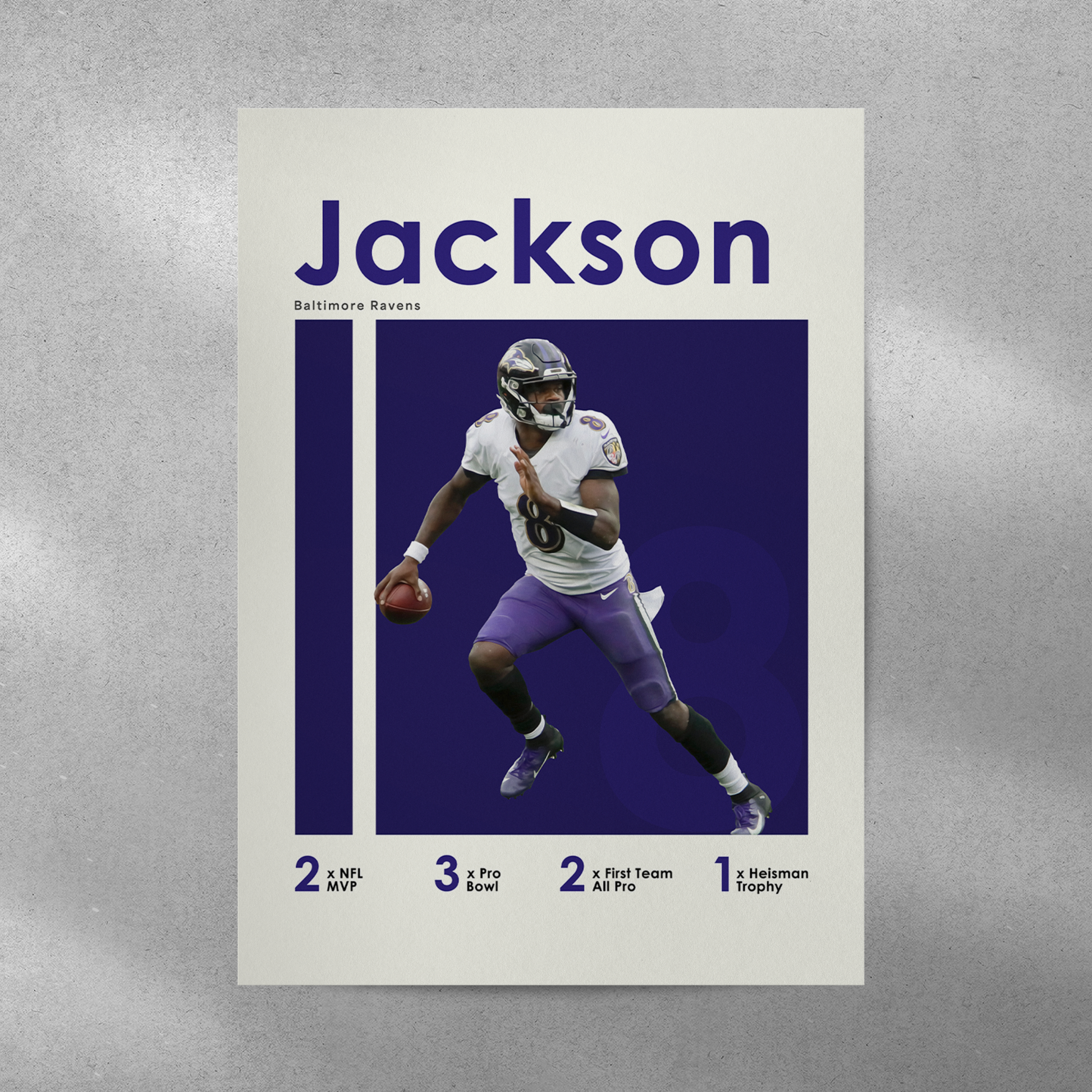 poster mockup of football player lamar jackson on a grey wall