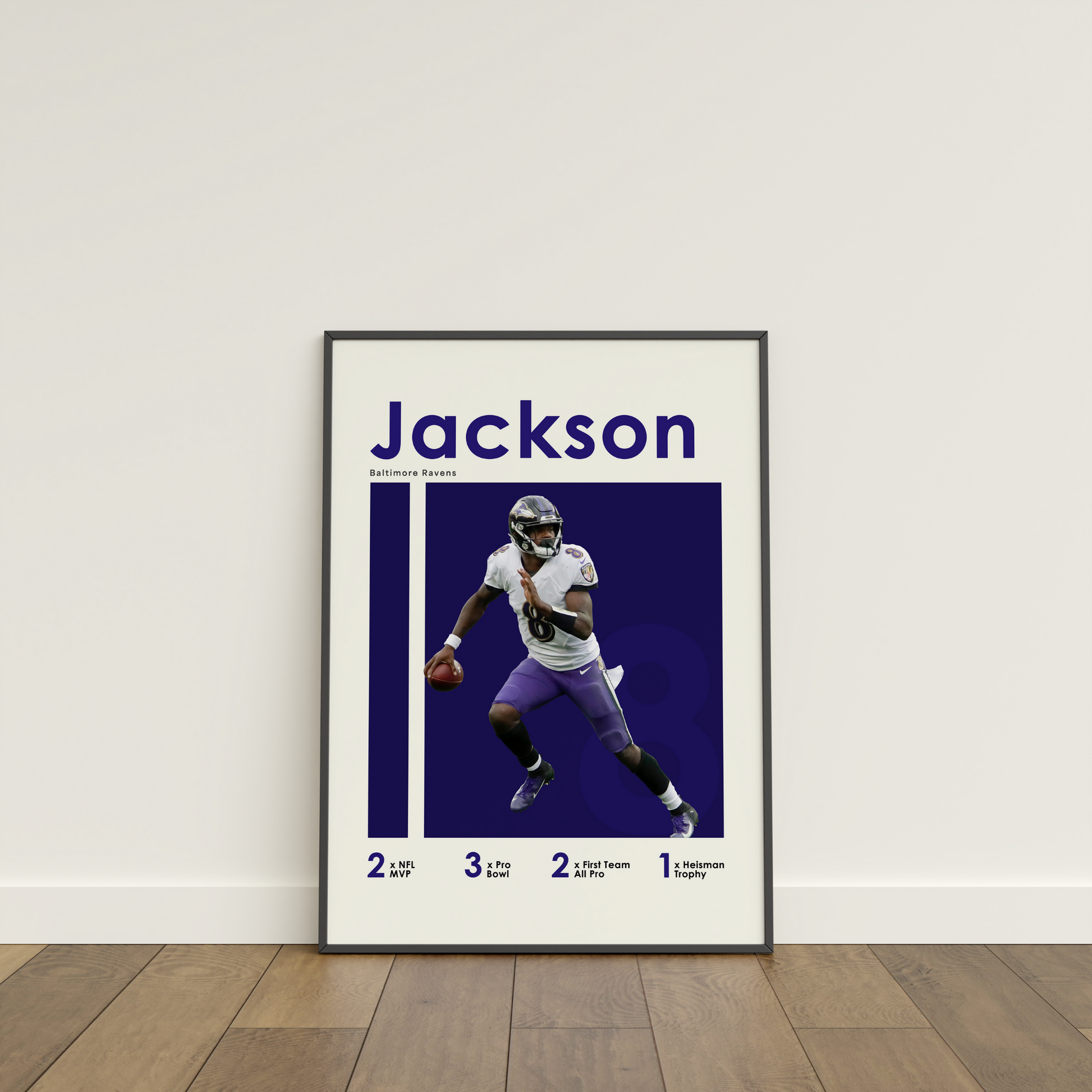 framed poster mockup of football player lamar jackson leaning on a white wall