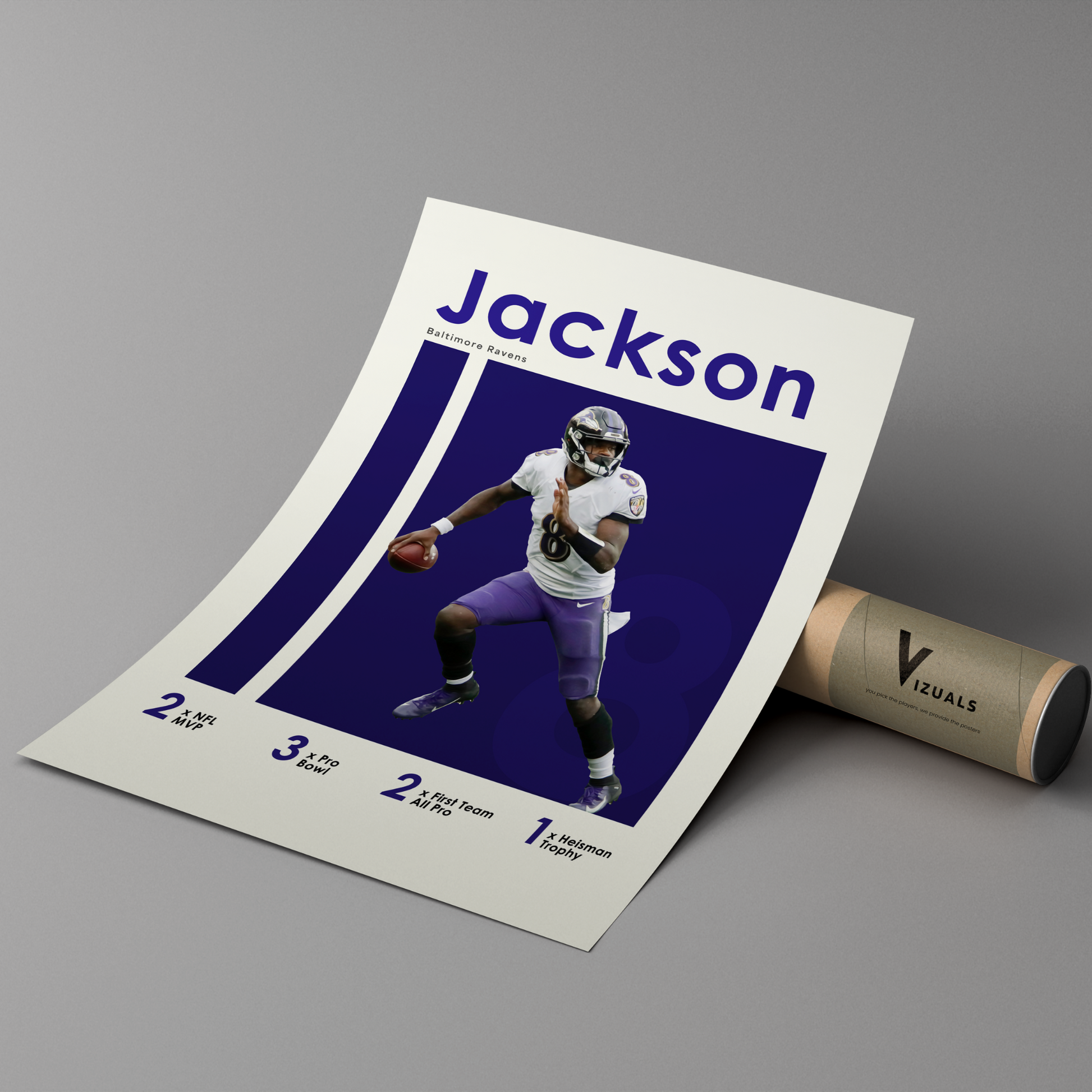 poster mockup of football player lamar jackson leaning on a cardboard tube