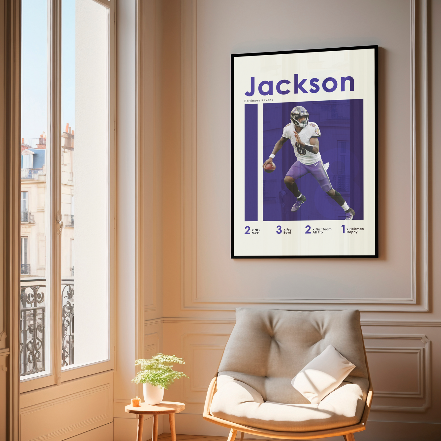 framed poster mockup of football player lamar jackson hanging in a living room