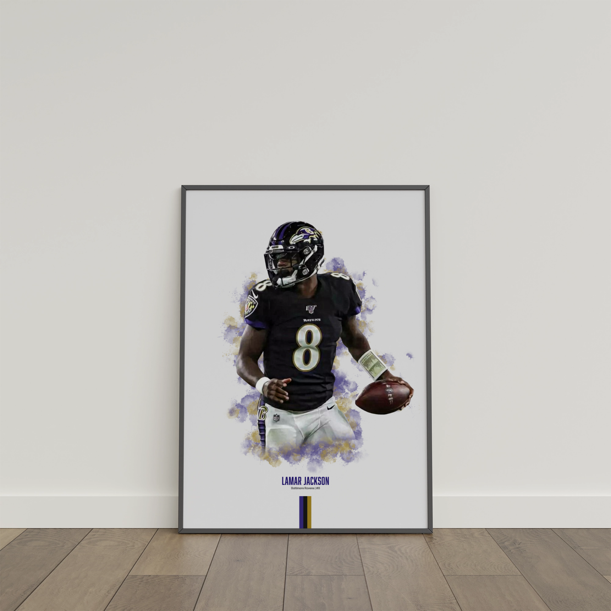 framed poster mockup of football player lamar jackson leaning on a white wall