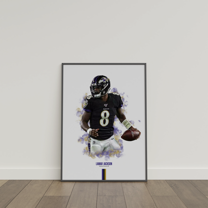 framed poster mockup of football player lamar jackson leaning on a white wall