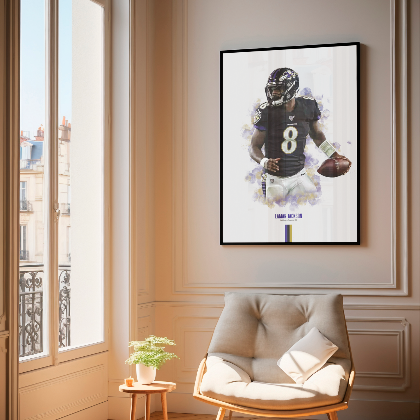 framed poster mockup of football player lamar jackson hanging in a living room