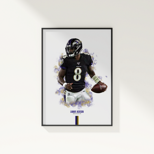 framed poster mockup of football player lamar jackson hanging on a white wall