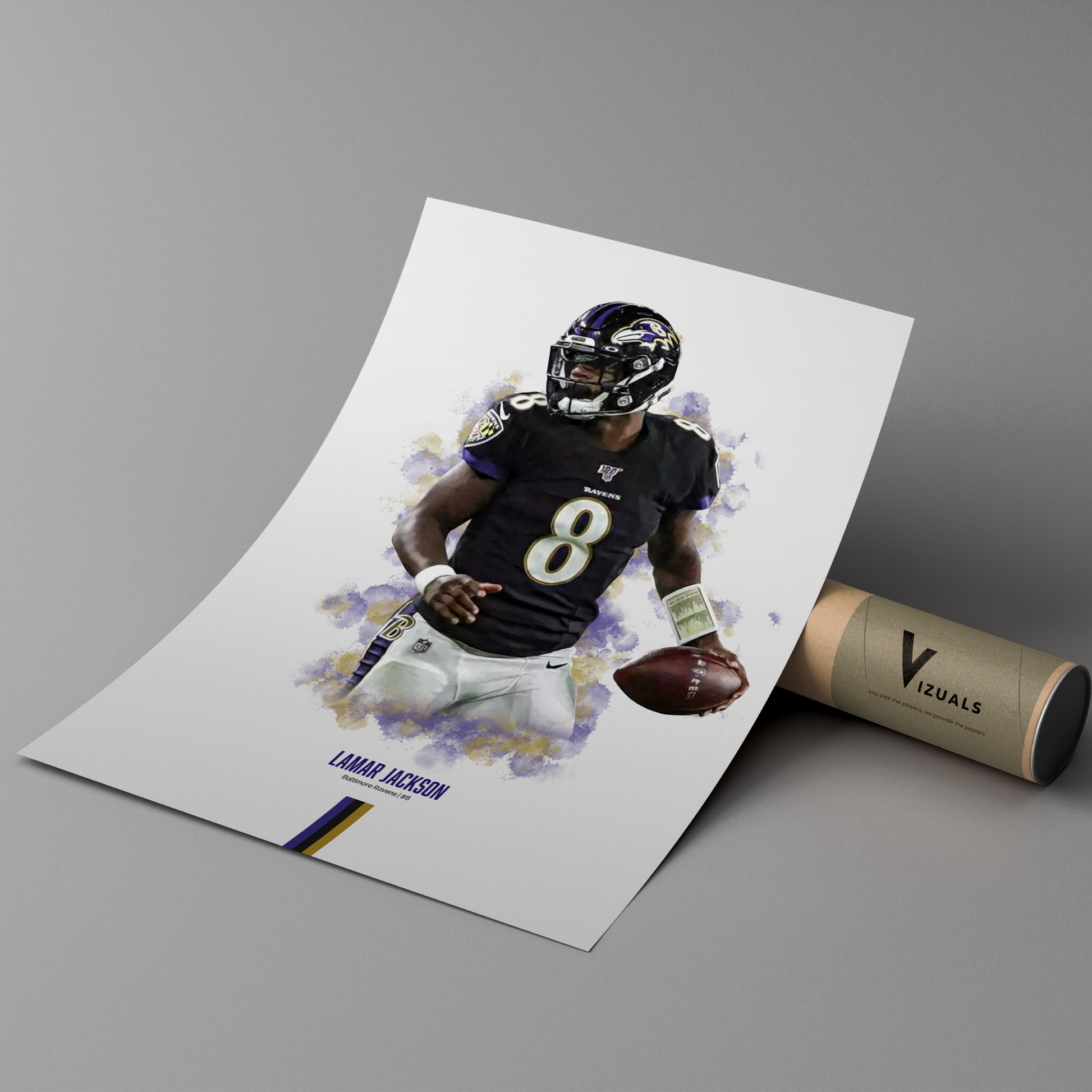 poster mockup of football player lamar jackson leaning on a cardboard tube