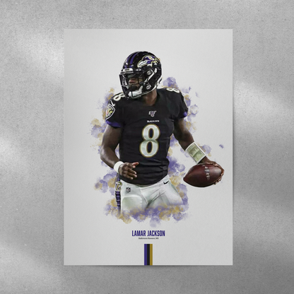 poster mockup of football player lamar jackson on a grey wall