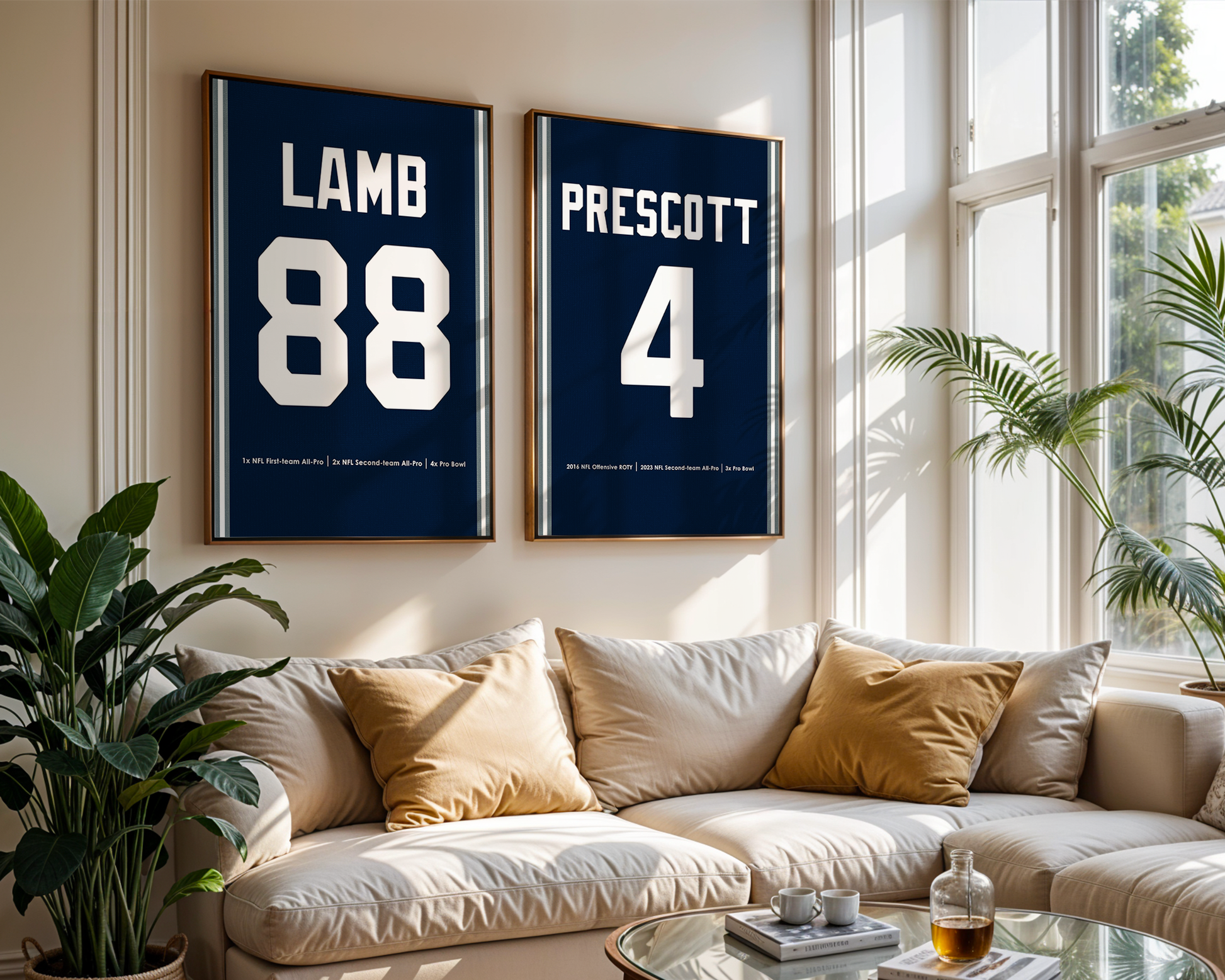 Two framed sports jerseys on a wall above a beige sofa with decorative pillows.