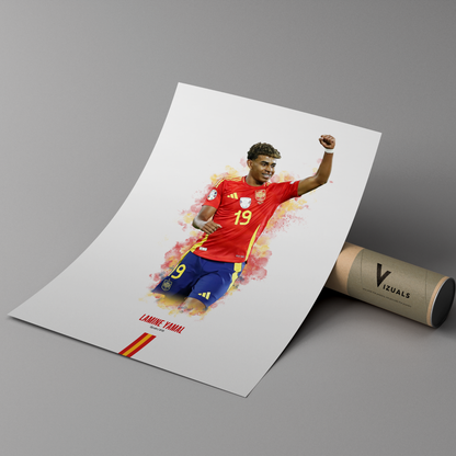 poster mockup of soccer player lamine yamal leaning on a cardboard tube