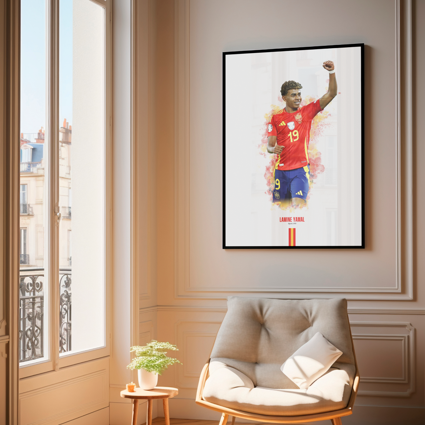 framed poster mockup of soccer player lamine yamal hanging in a living room