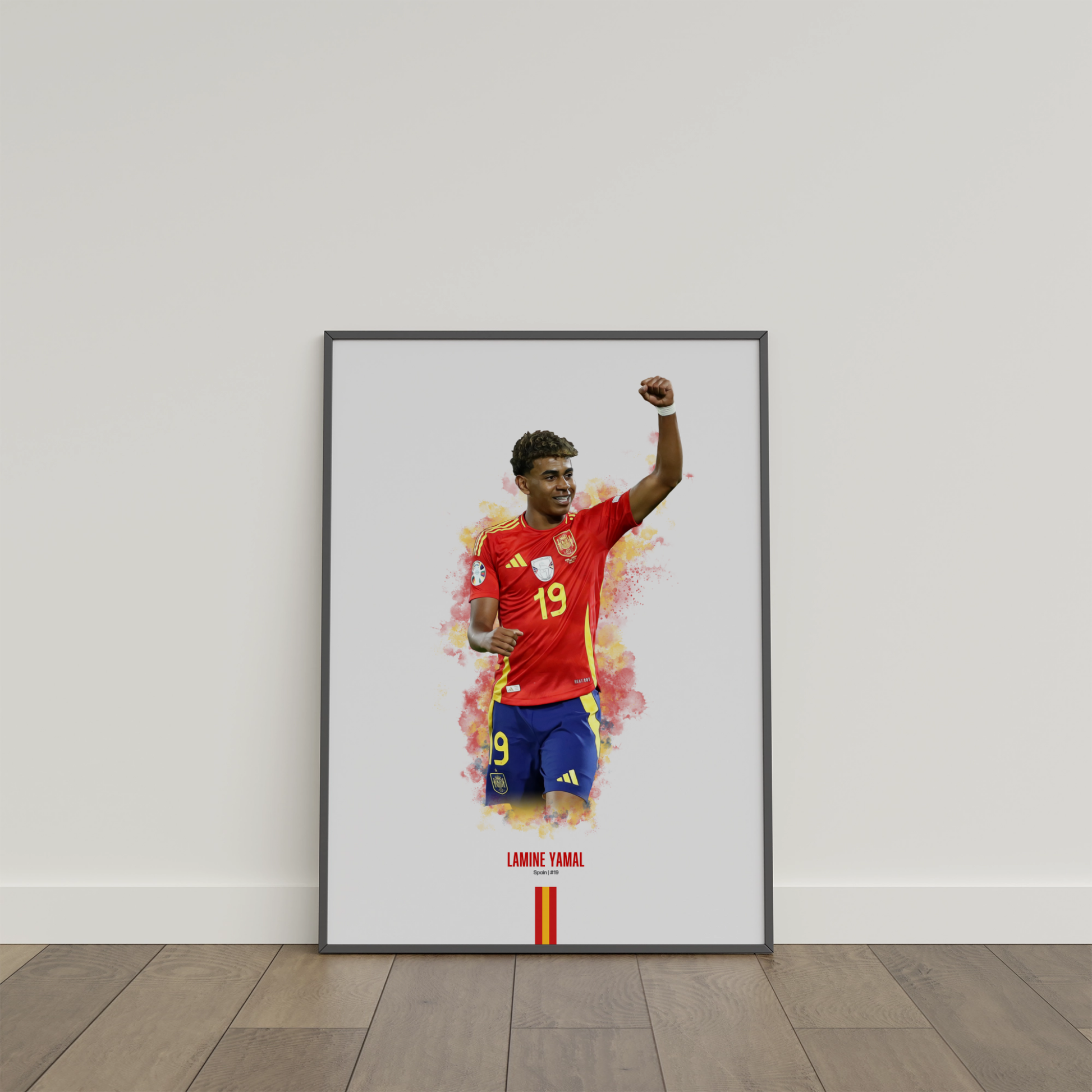 framed poster mockup of soccer player lamine yamal leaning on a white wall