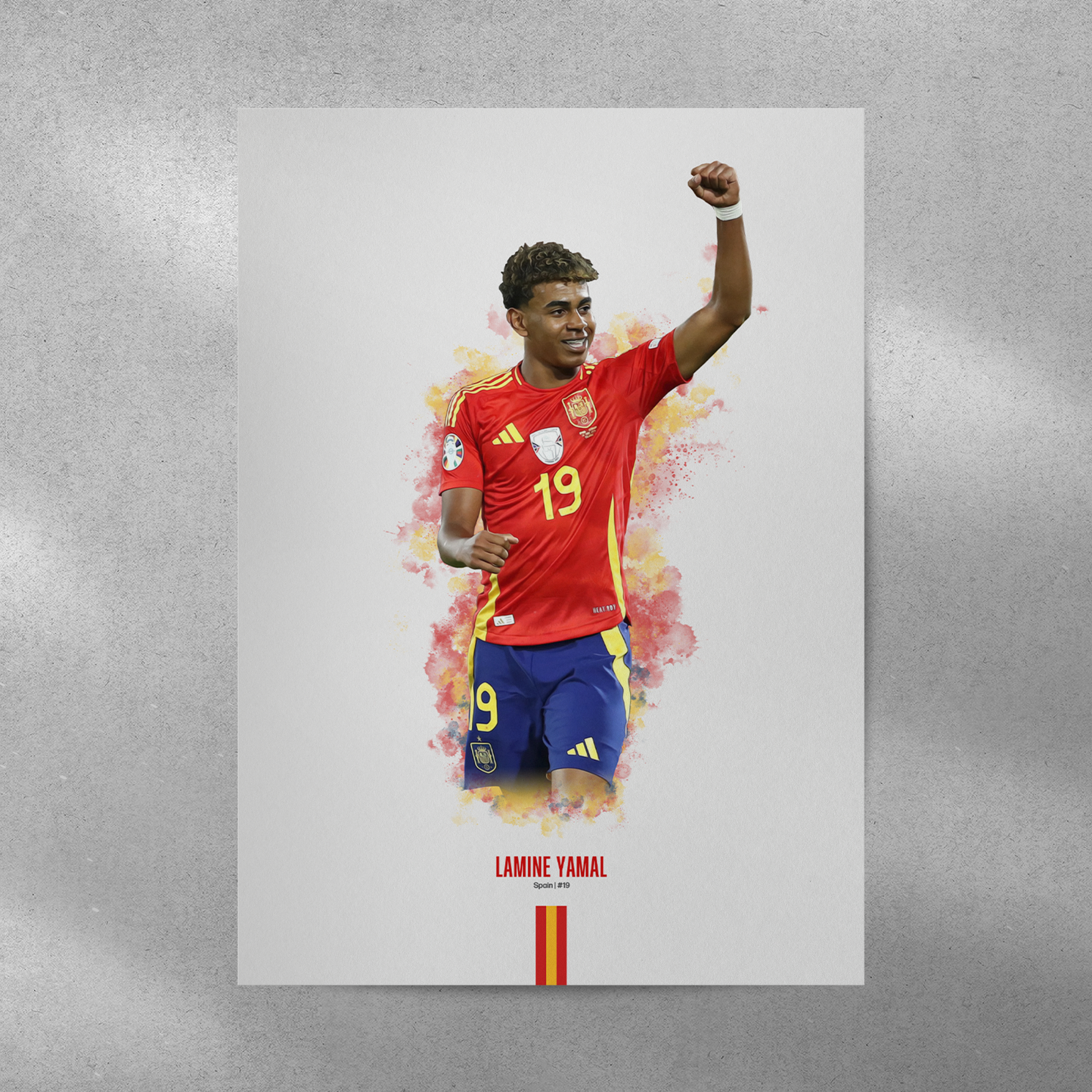 poster mockup of soccer player lamine yamal on a grey wall