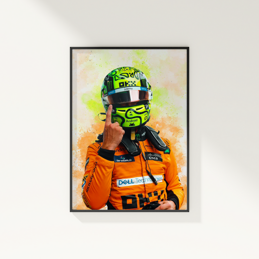 framed poster mockup hanging on a white wall. poster of formula 1 driver lando norris celebrating for mclaren.