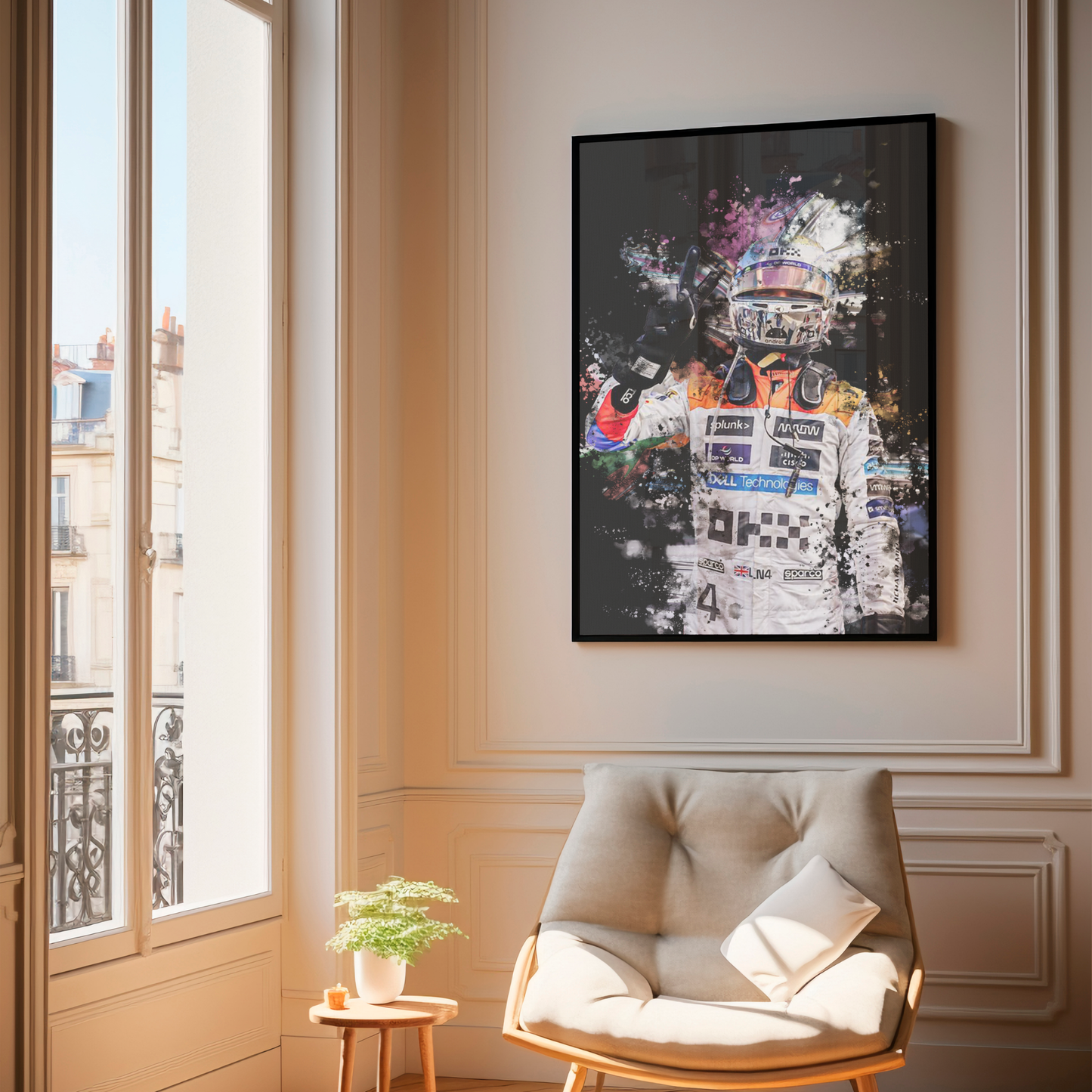 framed poster mockup of formula 1 driver lando norris hanging in a living room