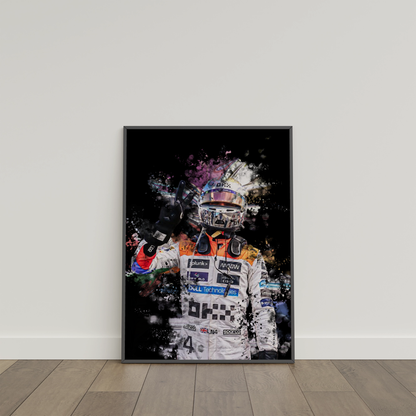 framed poster mockup of formula 1 driver lando norris leaning on a white wall