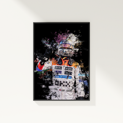 framed poster mockup of formula 1 driver lando norris hanging on a white wall