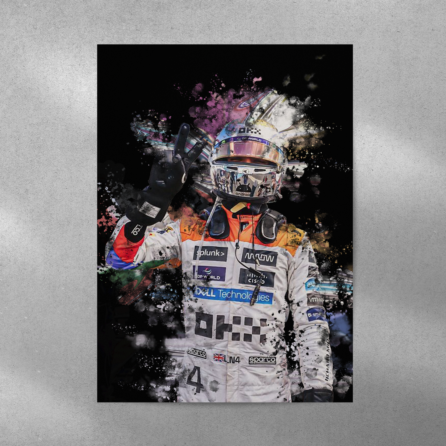 poster mockup of formula 1 driver lando norris on a grey wall