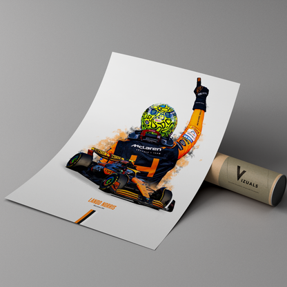 poster mockup of formula 1 driver lando norris leaning on a cardboard tube