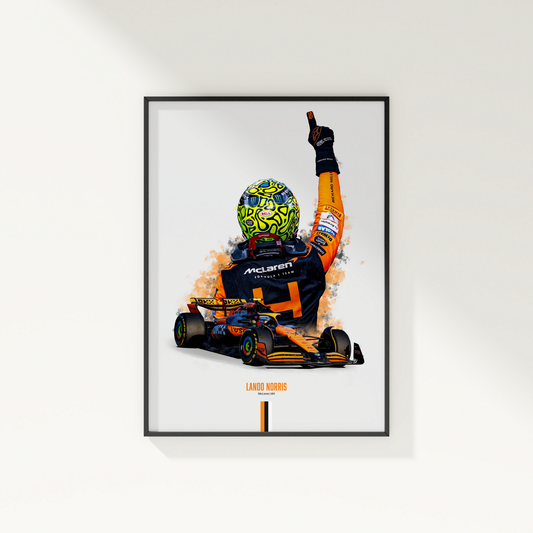 framed poster mockup of formula 1 driver lando norris hanging on a white wall