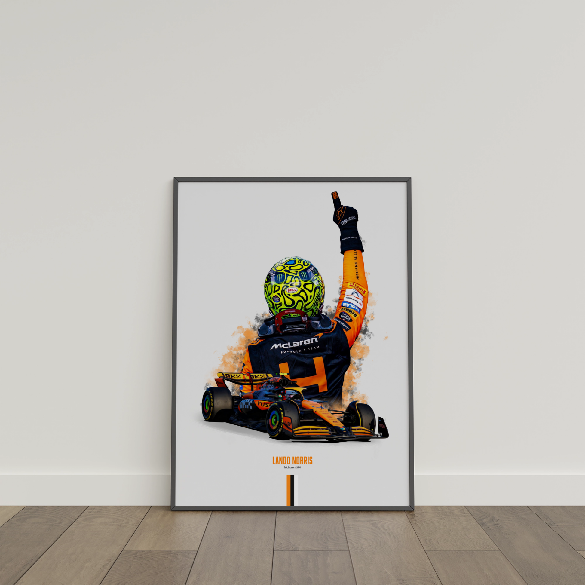 framed poster mockup of formula 1 driver lando norris leaning on a white wall