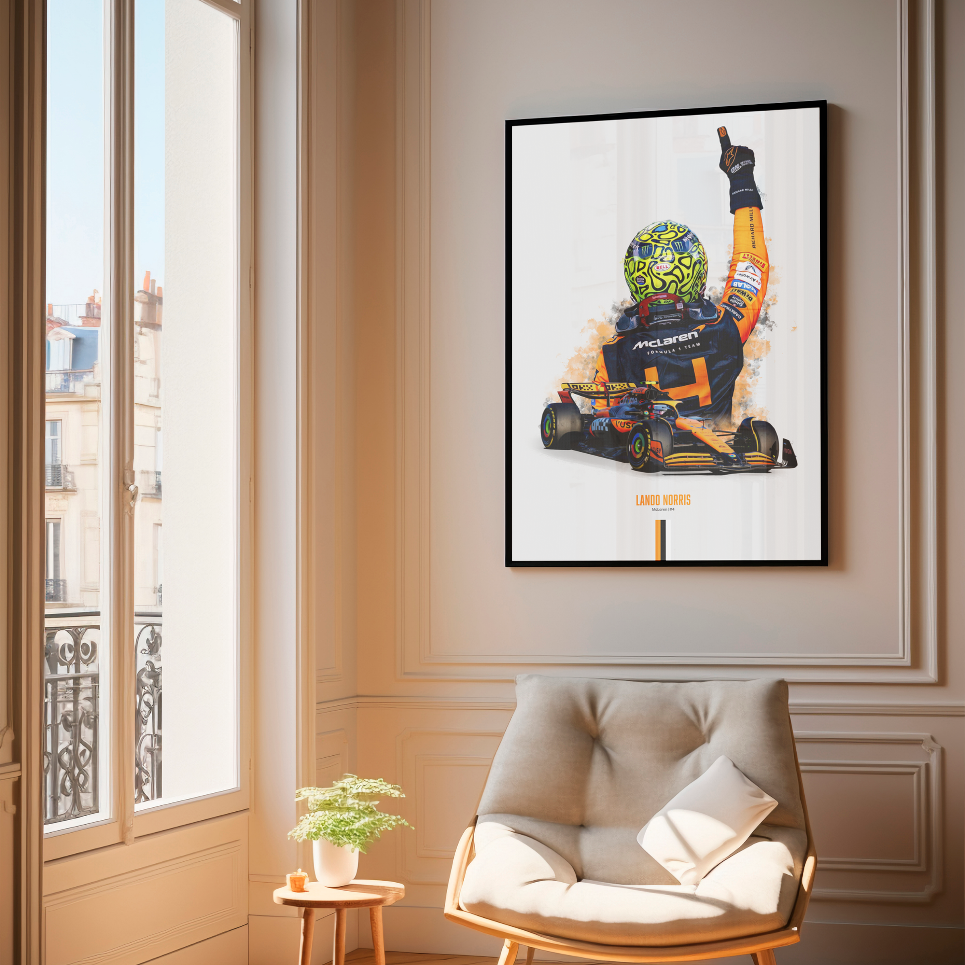 framed poster mockup of formula 1 driver lando norris hanging in a living room