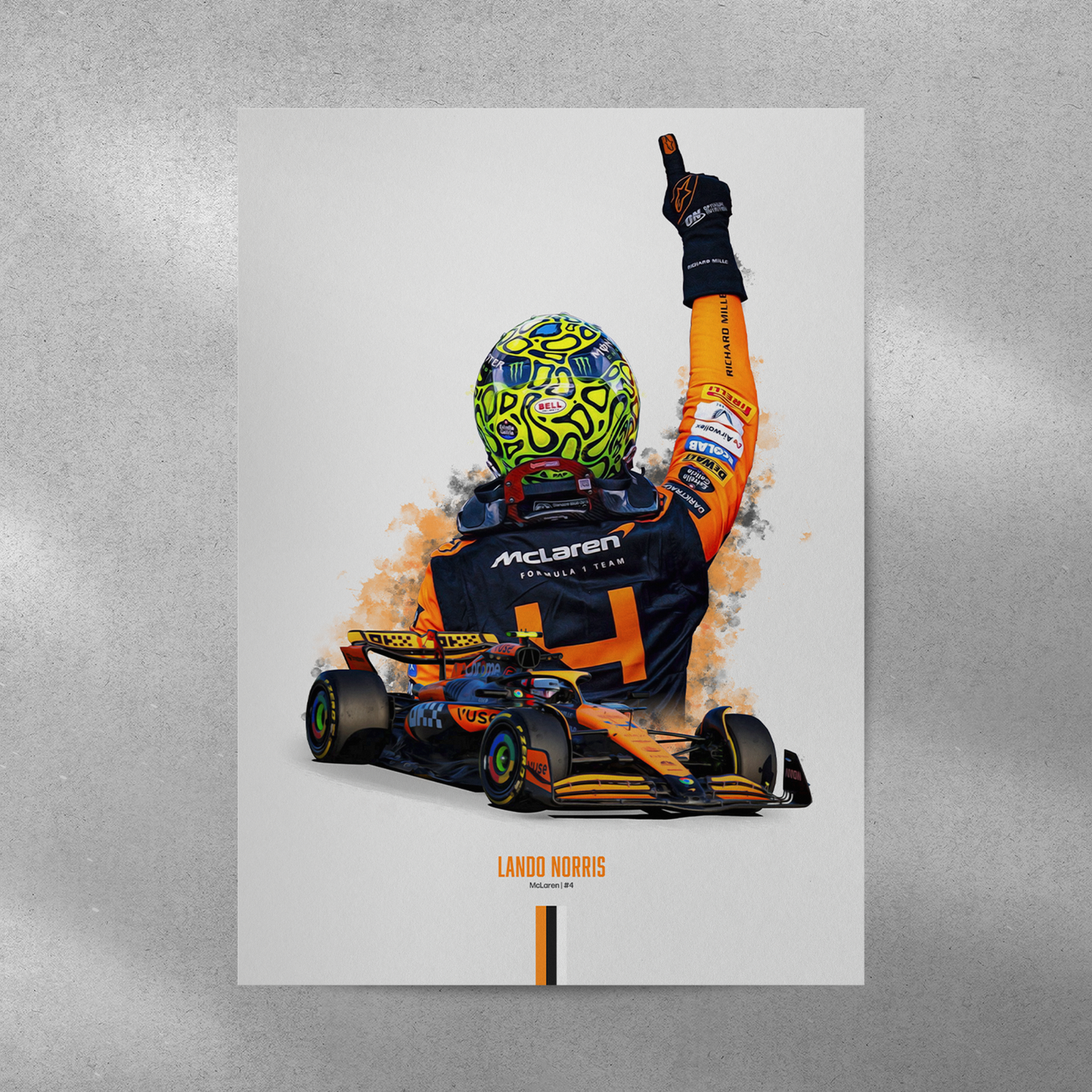 poster mockup of formula 1 driver lando norris on a grey wall