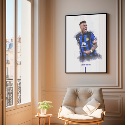 framed poster mockup of soccer player lautaro martinez hanging in a living room