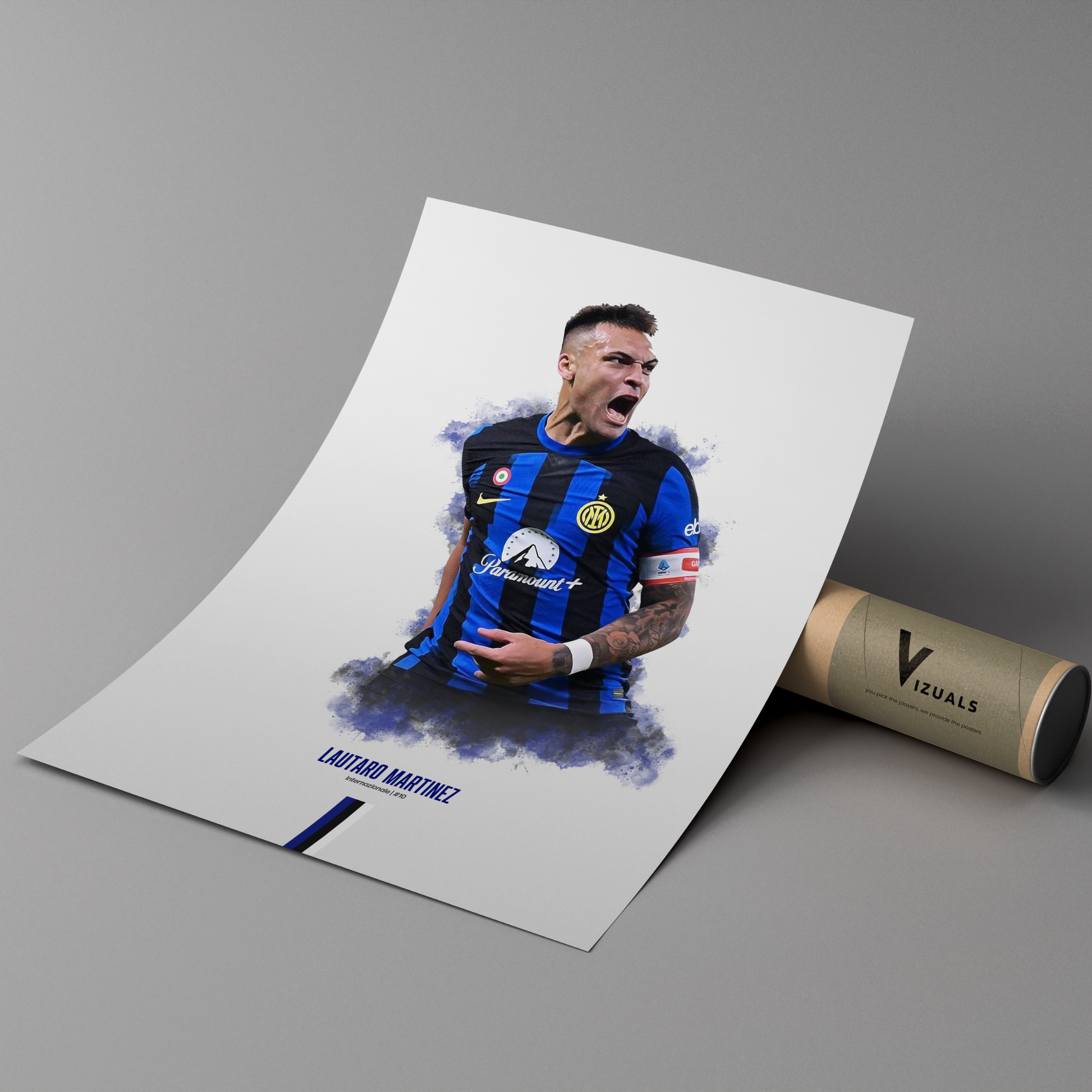 poster mockup of soccer player lautaro martinez leaning on a cardboard tube