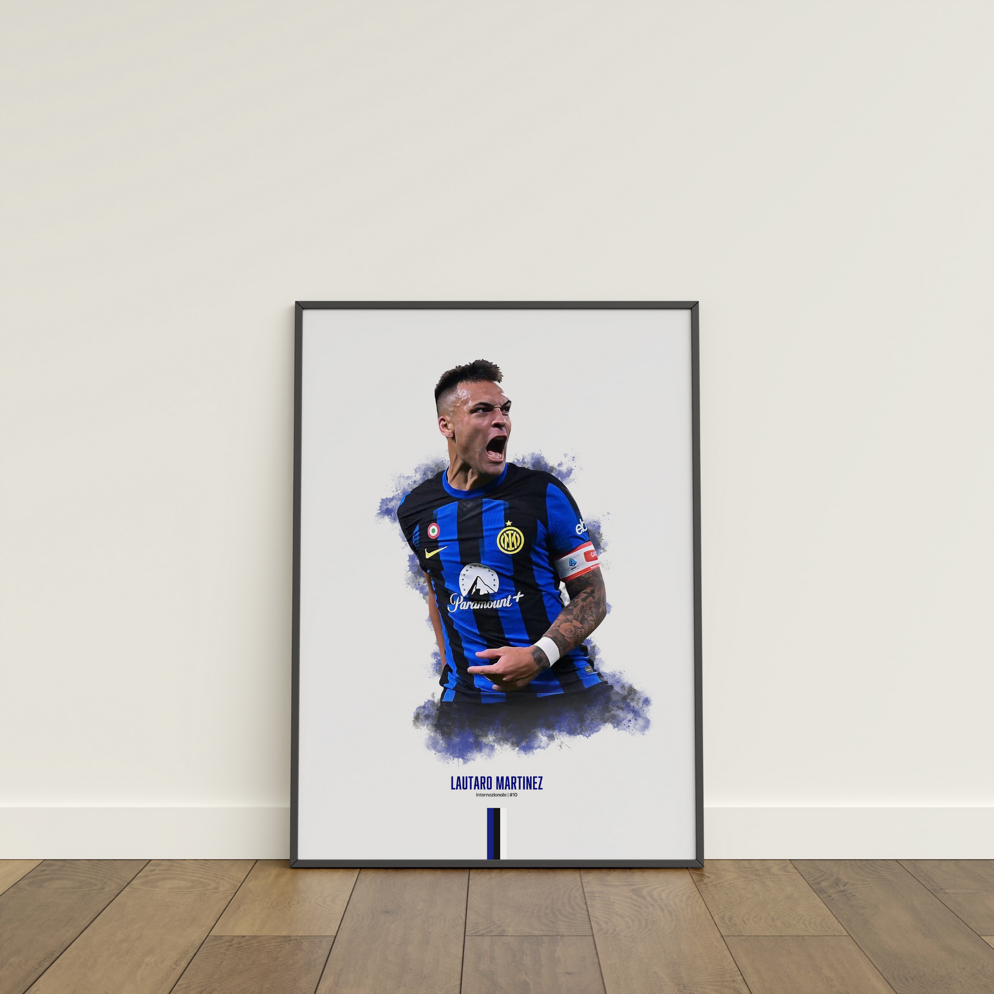 framed poster mockup of soccer player lautaro martinez leaning on a white wall