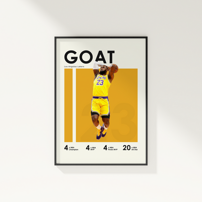 framed poster mockup of basketball player lebron james hanging on a white wall