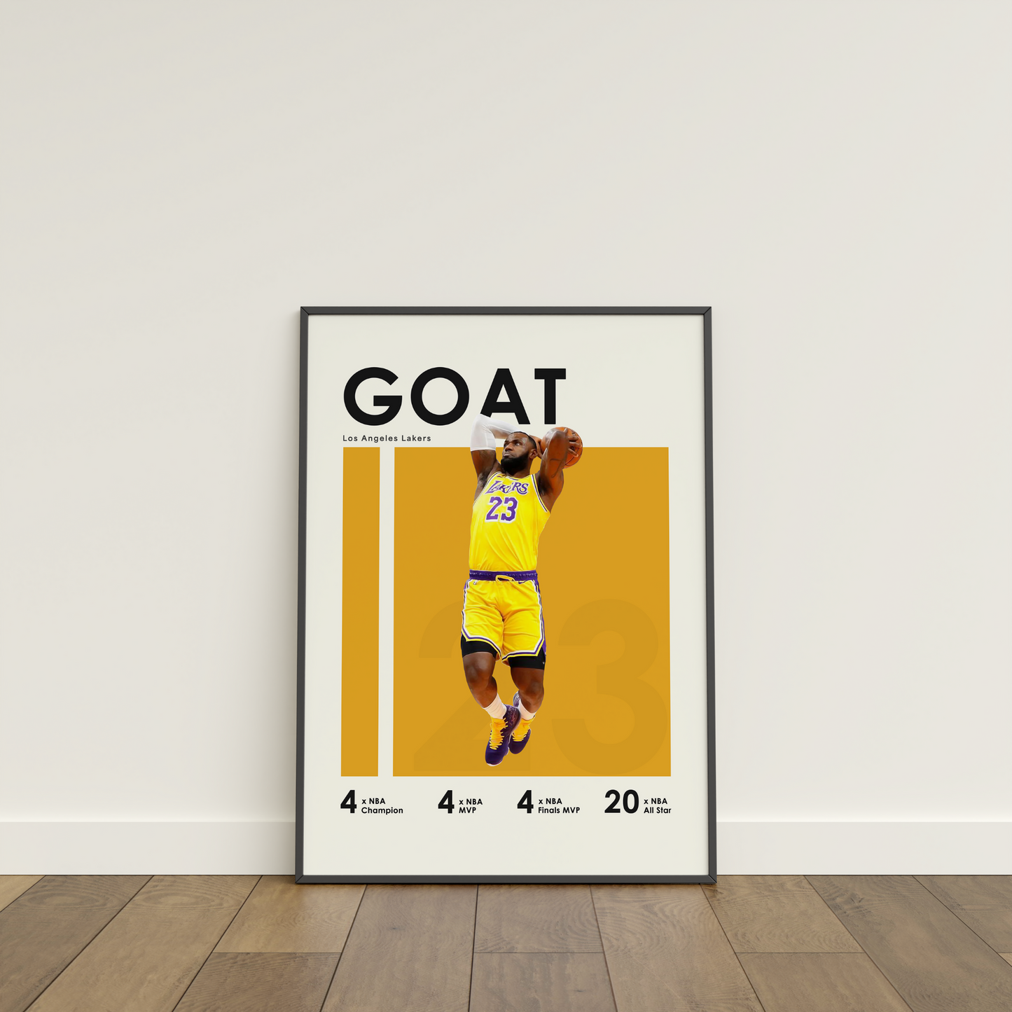 framed poster mockup of basketball player lebron james leaning on a white wall