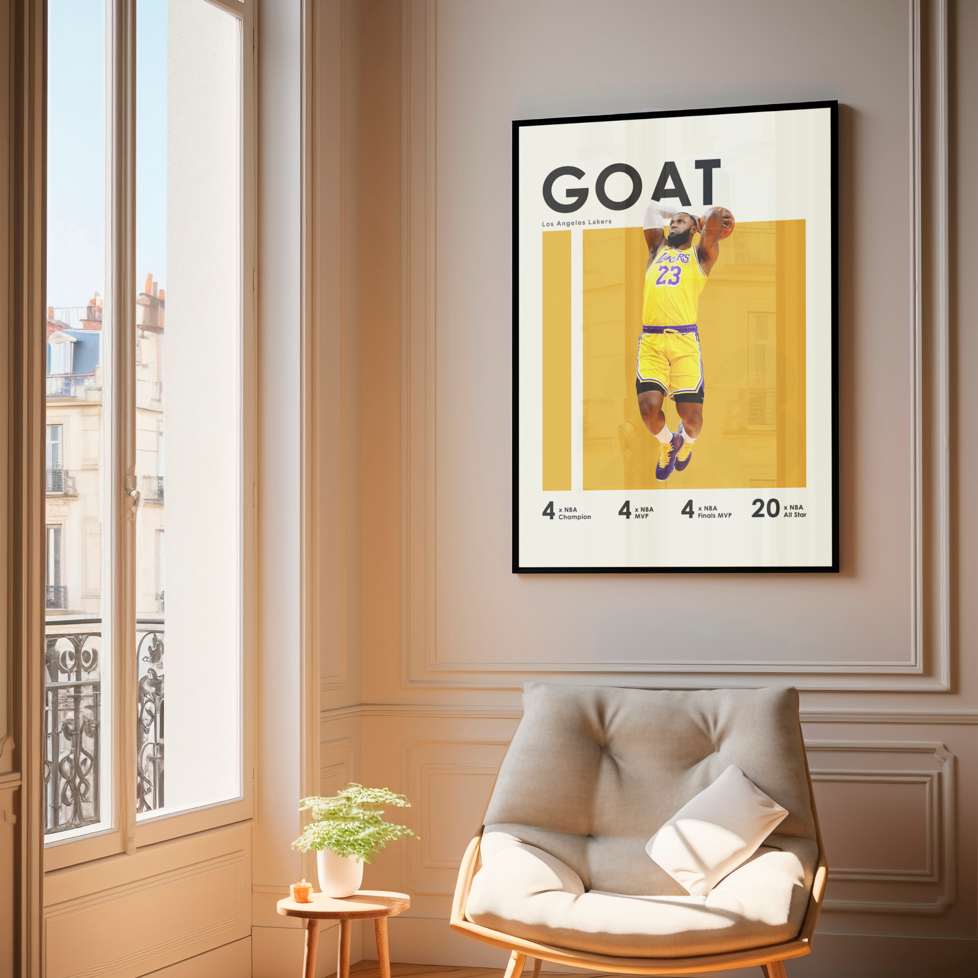 framed poster mockup of basketball player lebron james hanging in a living room