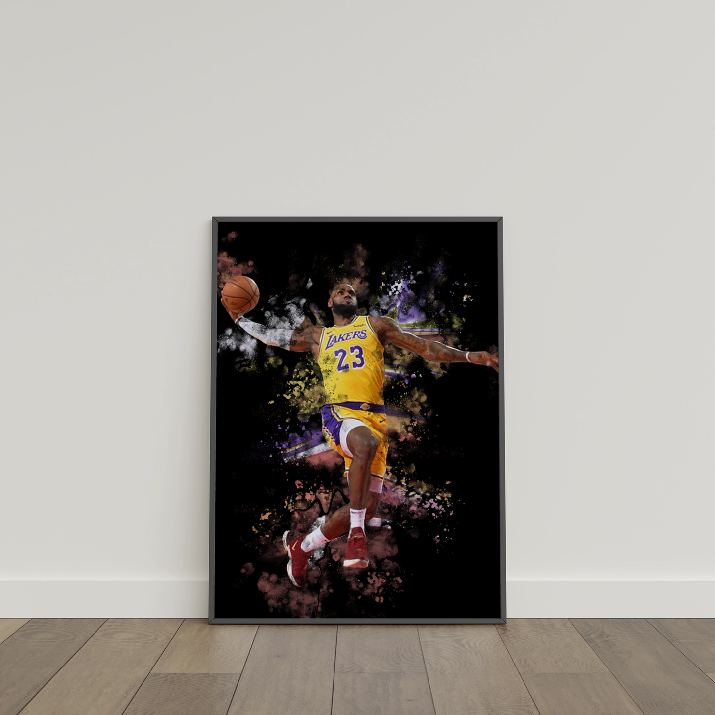 framed poster mockup of basketball player lebron james leaning on a white wall