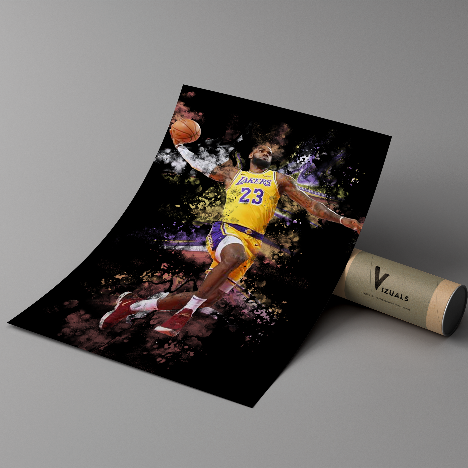 poster mockup of basketball player lebron james leaning on a cardboard tube