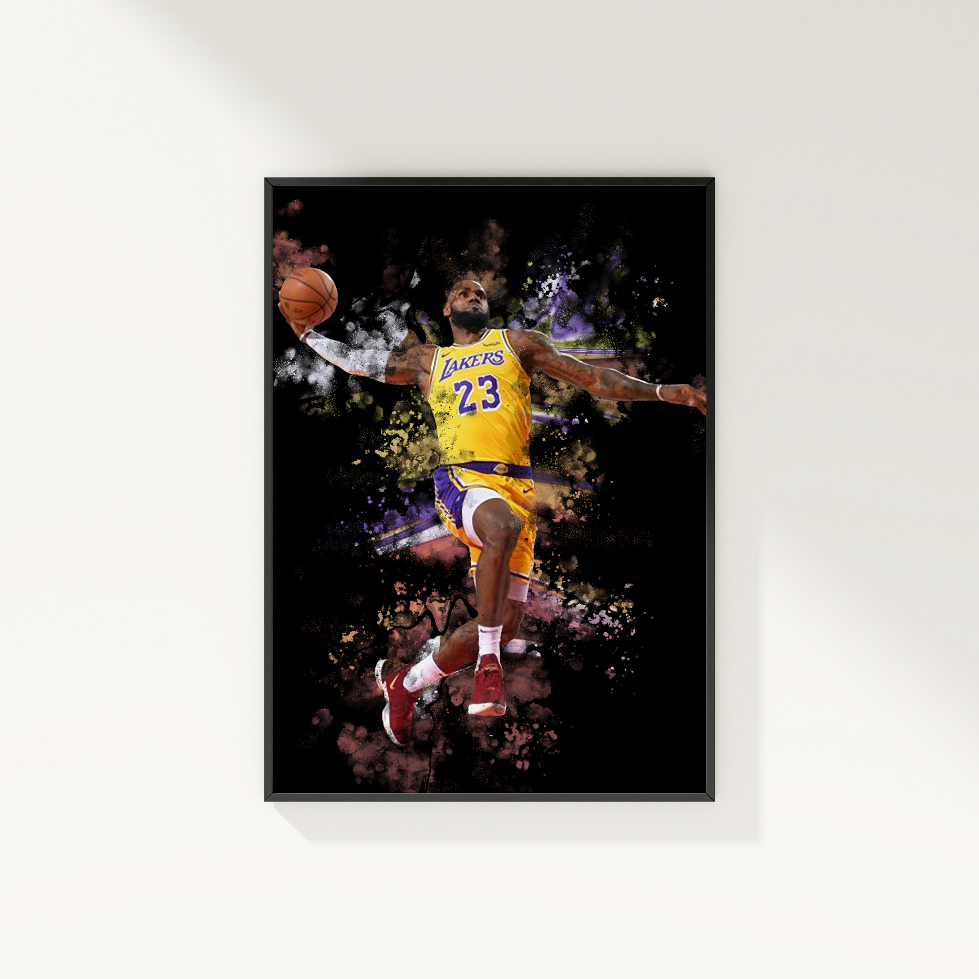 framed poster mockup of basketball player lebron james hanging on a white wall