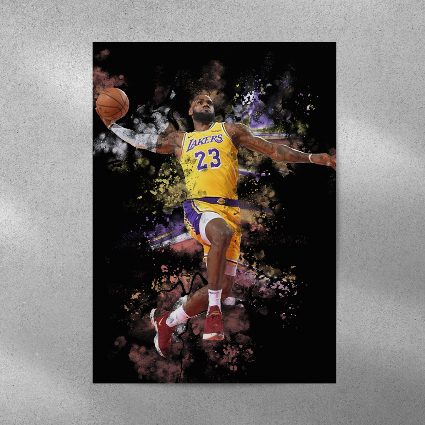 poster mockup of basketball player lebron james on a grey wall