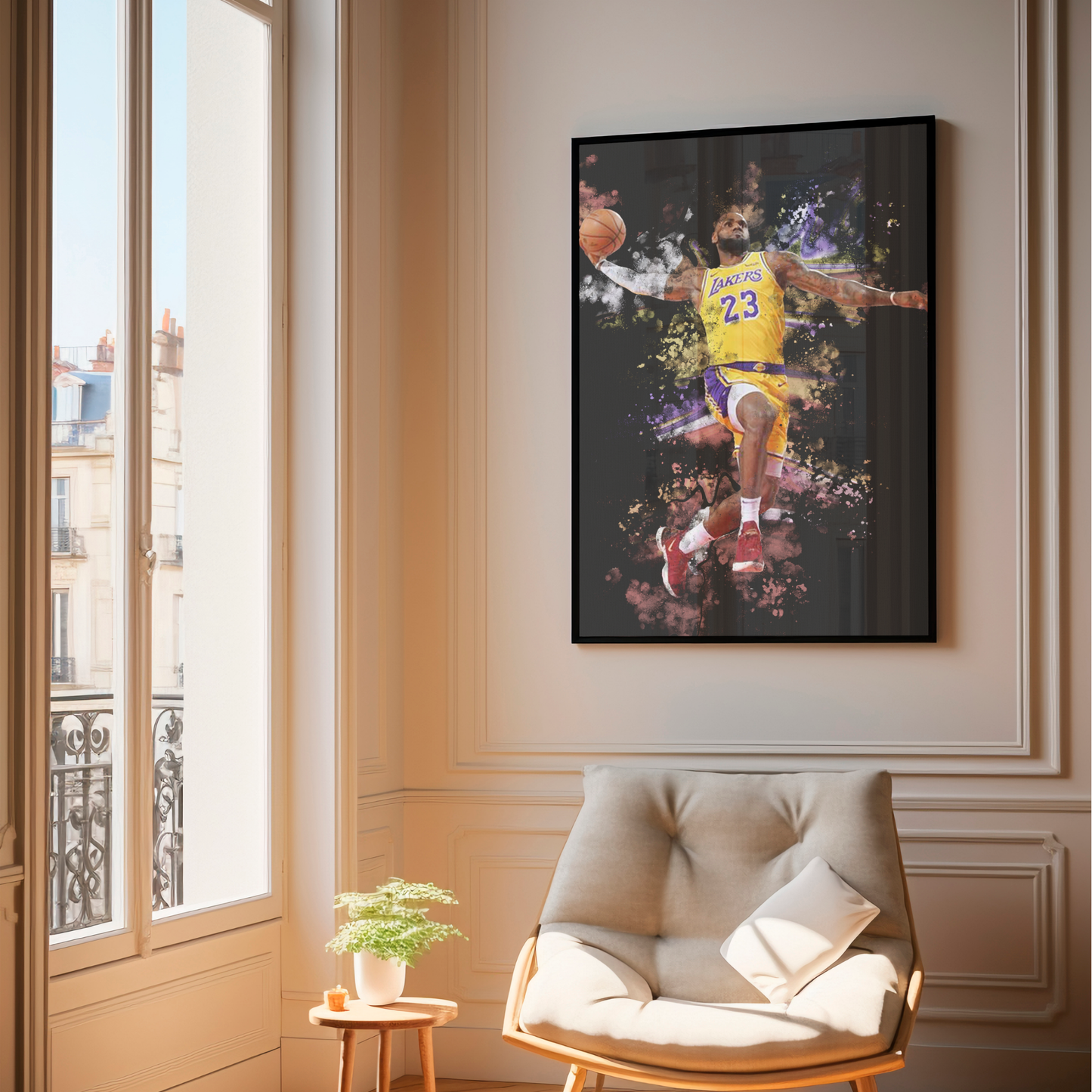 framed poster mockup of basketball player lebron james hanging in a living room