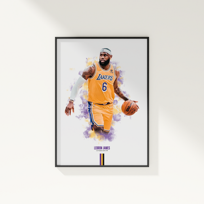 framed poster mockup of basketball player lebron james hanging on a white wall