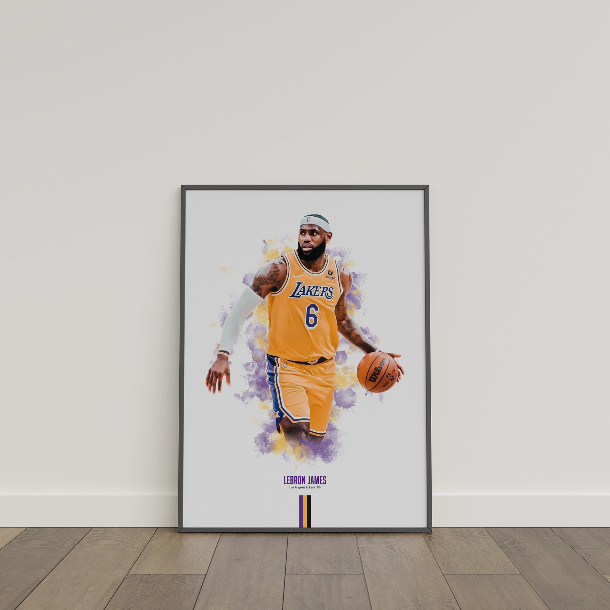 framed poster mockup of basketball player lebron james leaning on a white wall