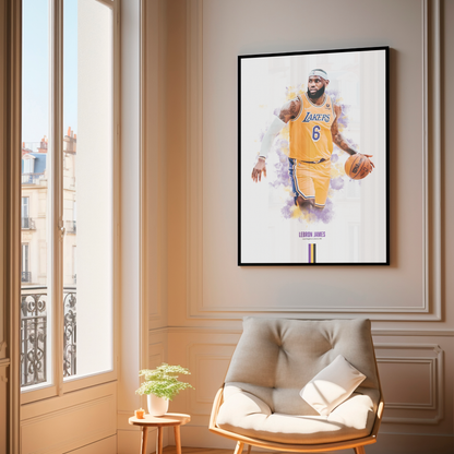 framed poster mockup of basketball player lebron james hanging in a living room