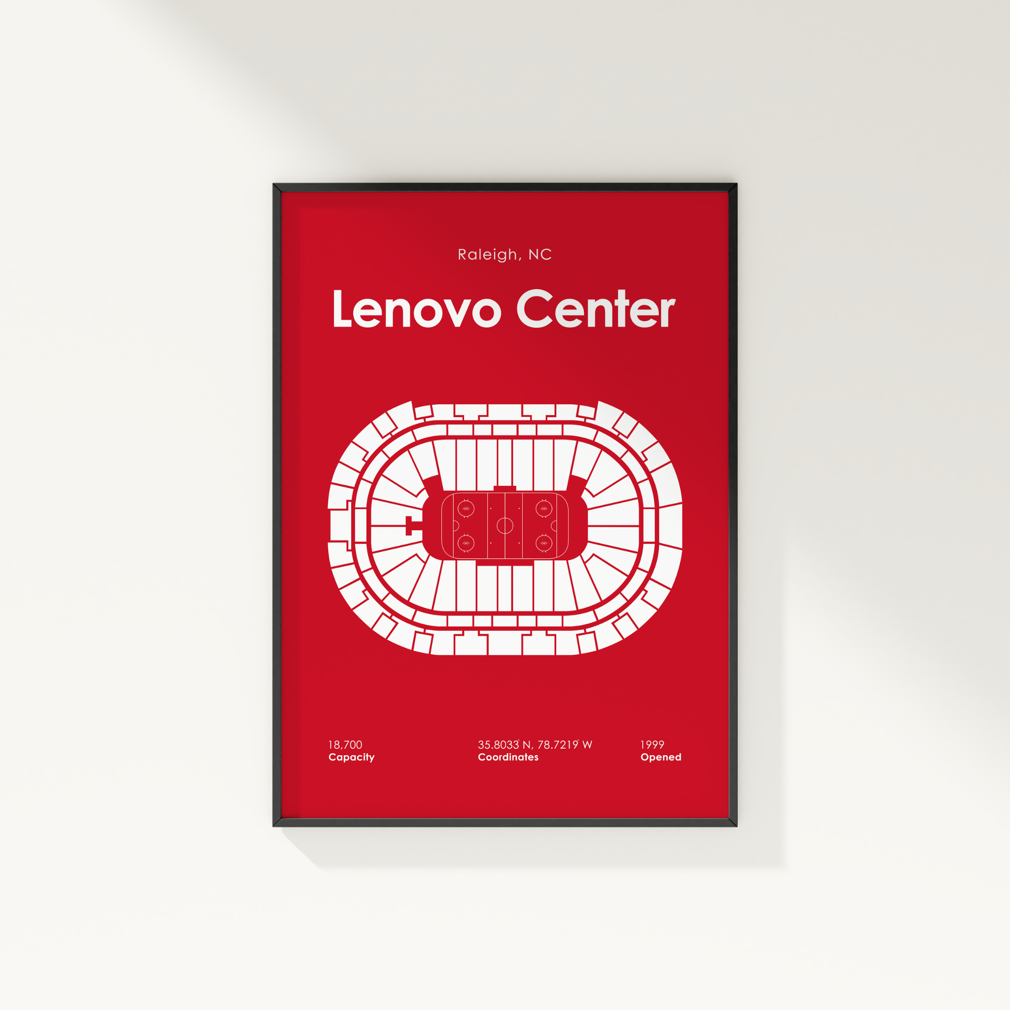 Framed poster of Lenovo Center with red background and white text