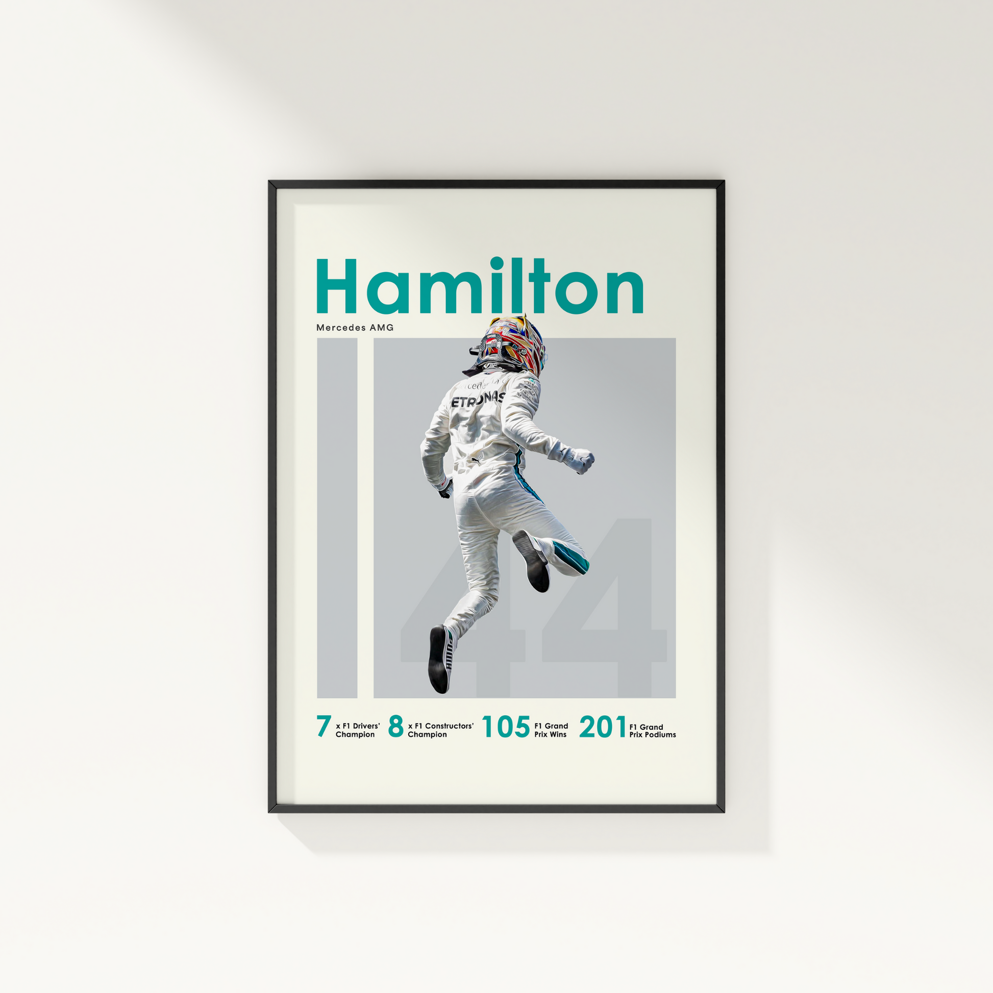 framed poster mockup of formula 1 driver lewis hamilton hanging on a white wall