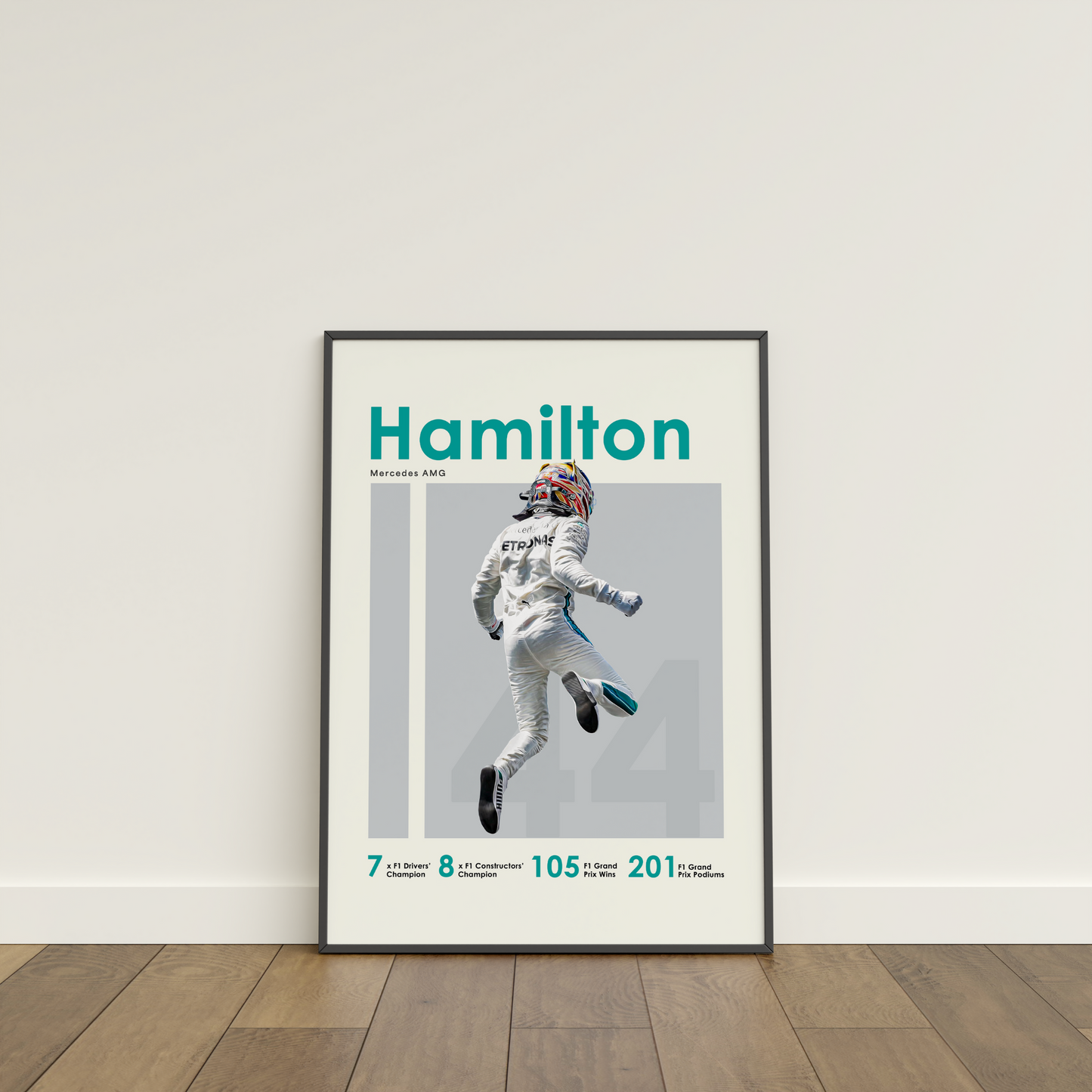 framed poster mockup of formula 1 driver lewis hamilton leaning on a white wall