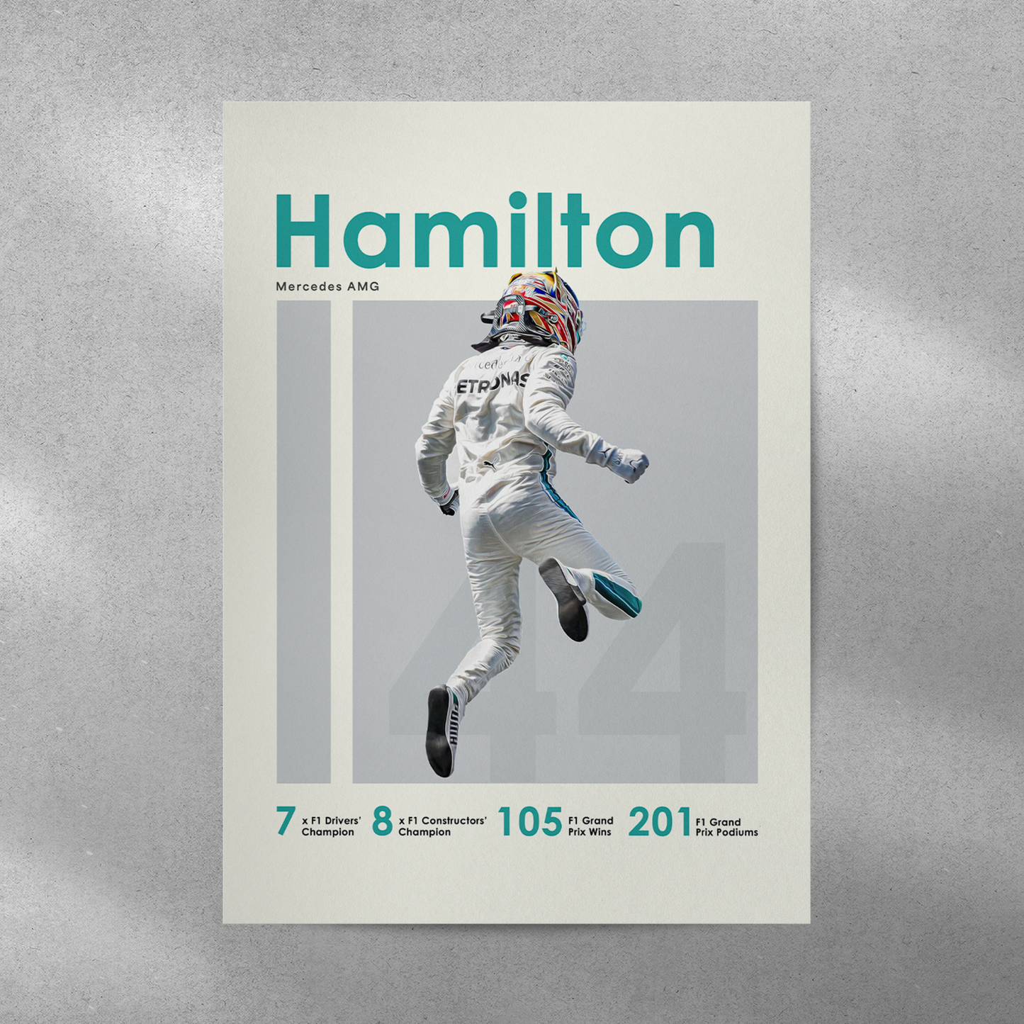 poster mockup of formula 1 driver lewis hamilton on a grey wall