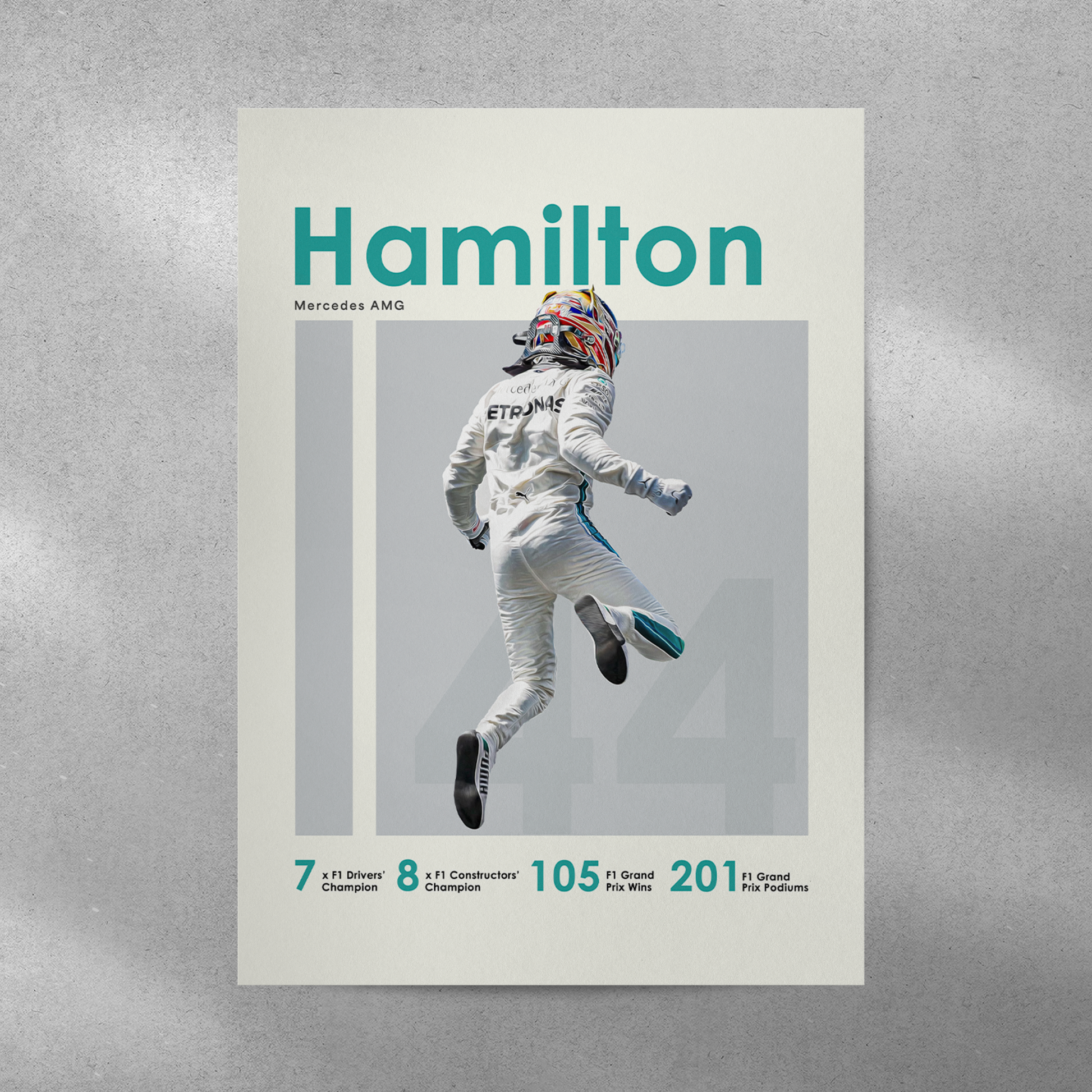 poster mockup of formula 1 driver lewis hamilton on a grey wall