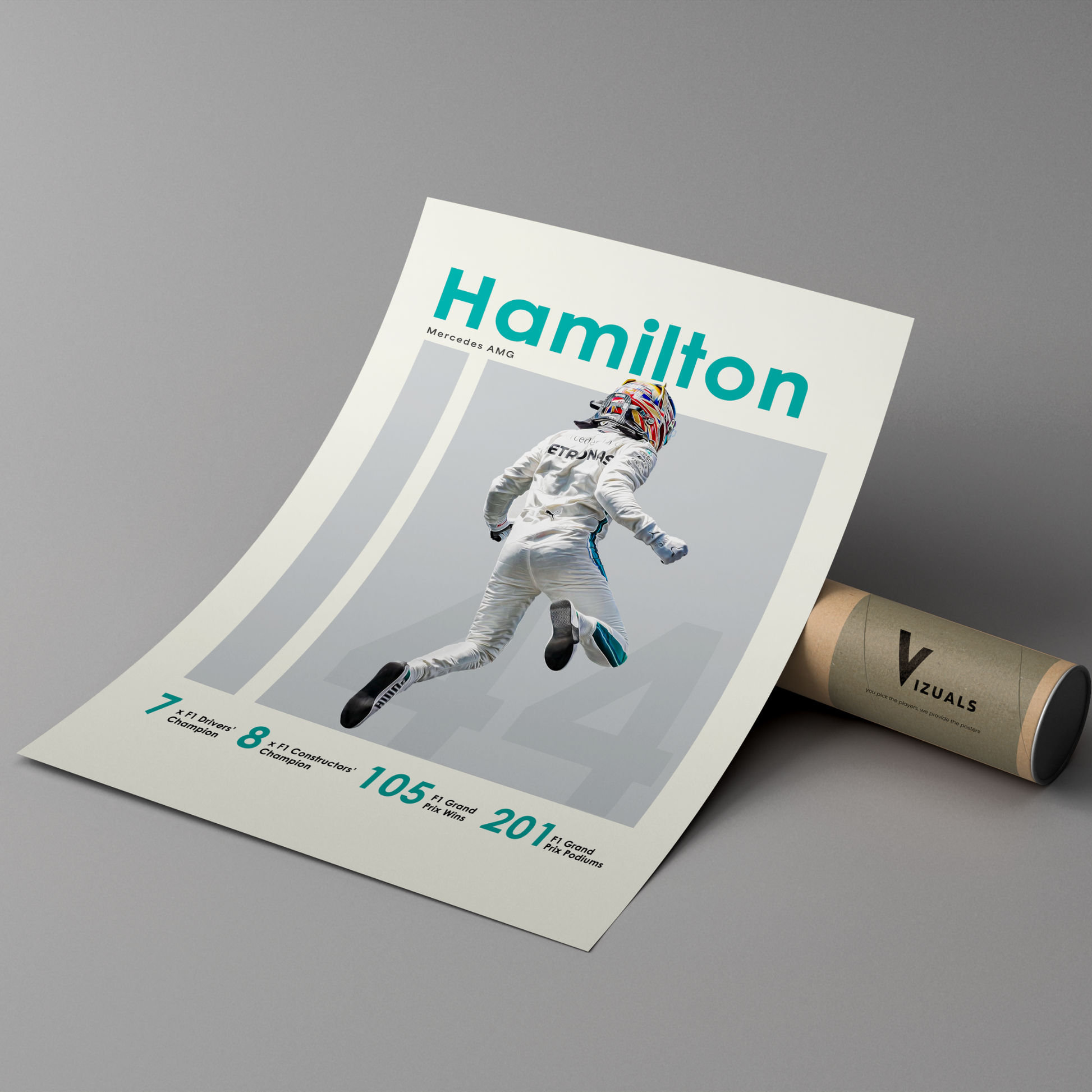 poster mockup of formula 1 driver lewis hamilton leaning on a cardboard tube