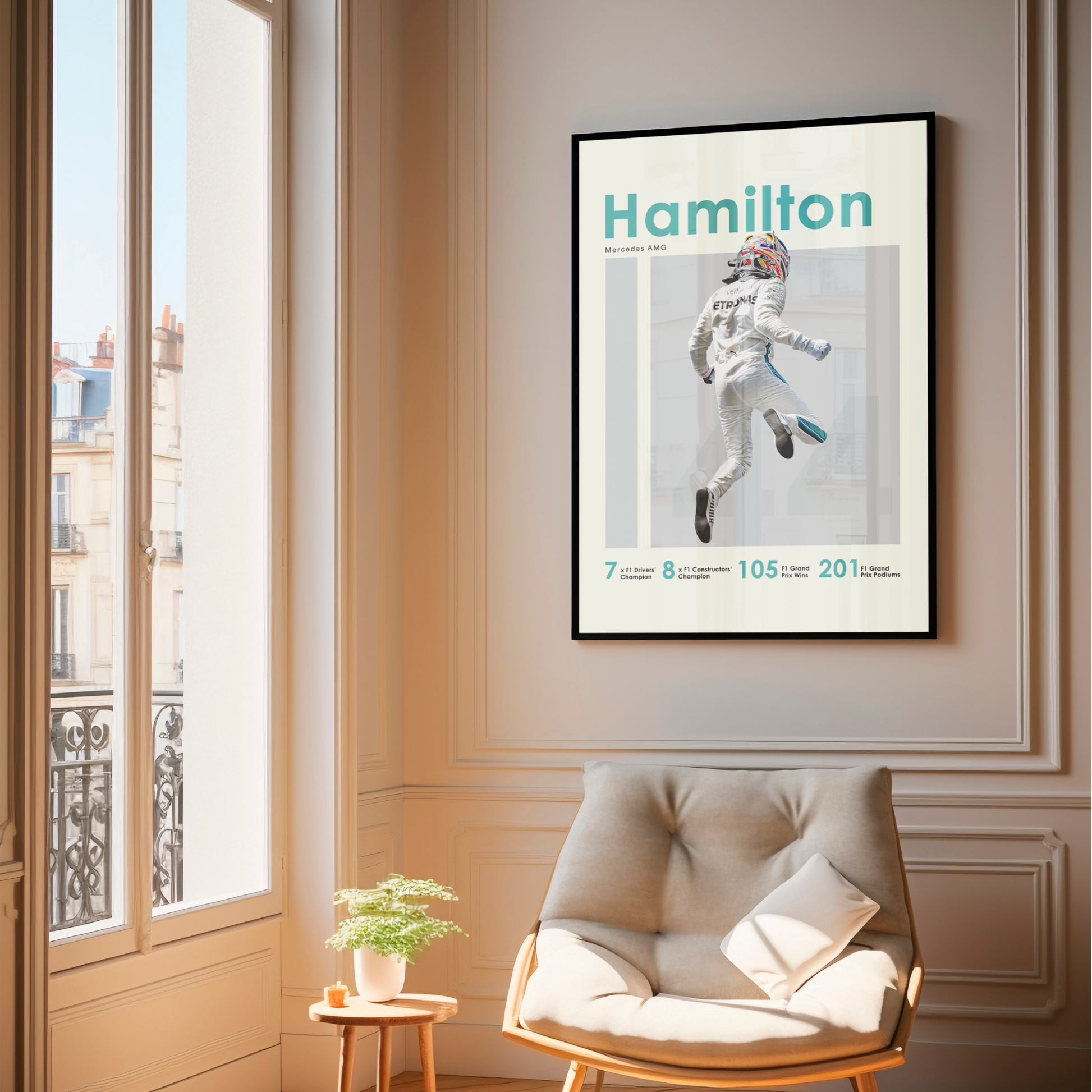 framed poster mockup of formula 1 driver lewis hamilton hanging in a living room