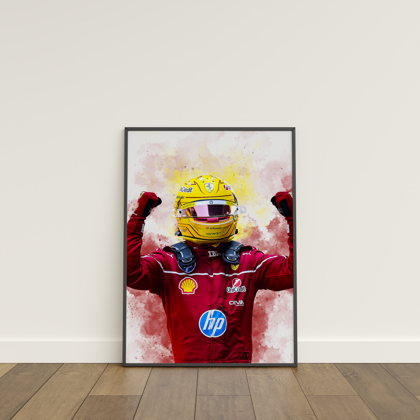 framed poster mockup leaning on a white wall. poster of formula 1 driver lewis hamilton celebrating for ferrari.