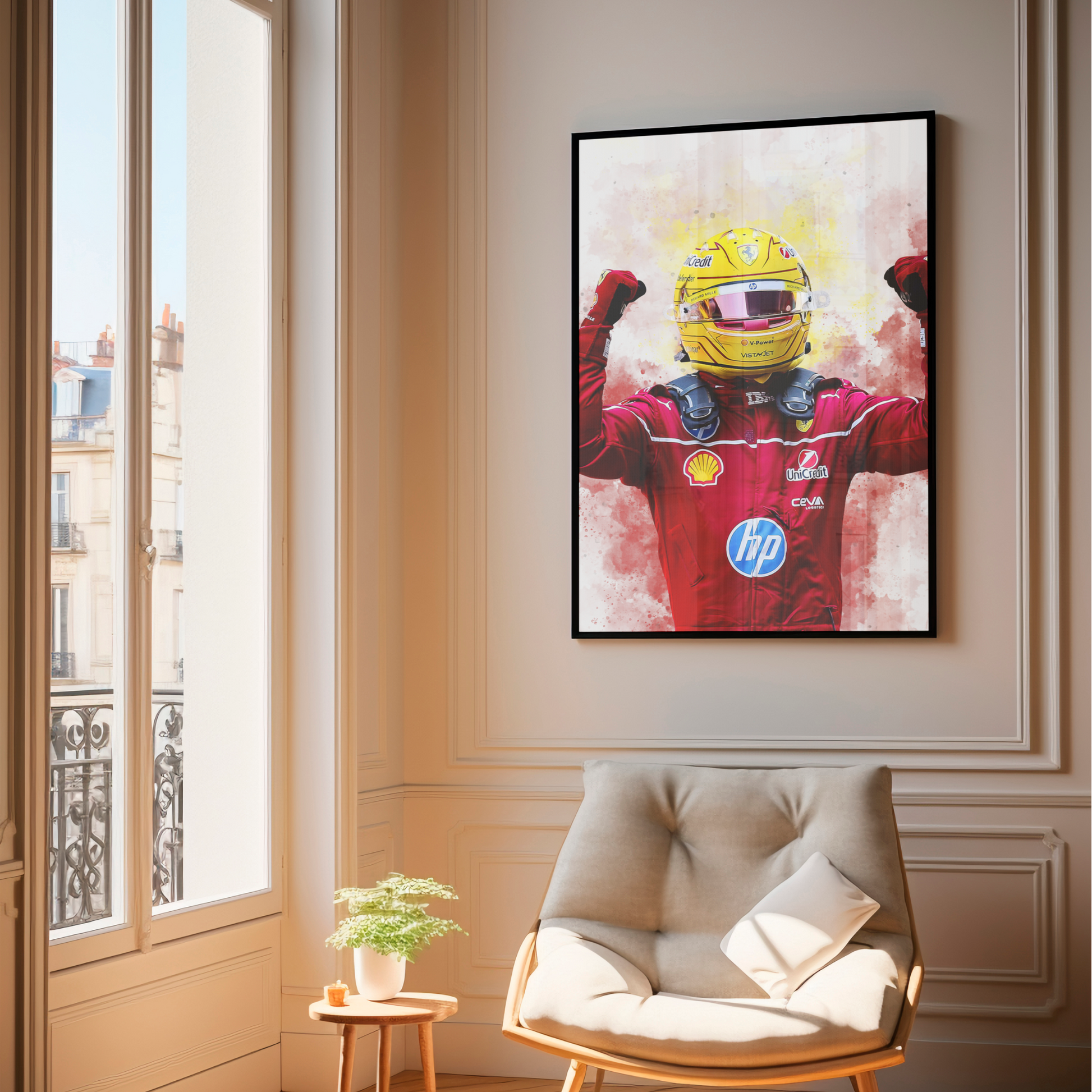 framed poster mockup hanging in a living room. poster of formula 1 driver lewis hamilton celebrating for ferrari.